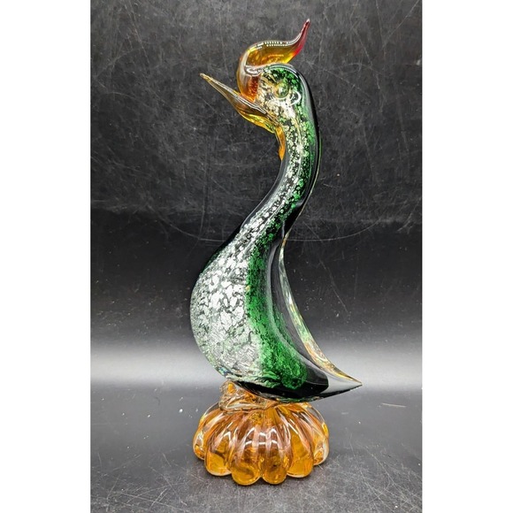 Murano Other - Vintage Murano Art Glass Rooster Figurine Sculpture Silver Flake Green Orange